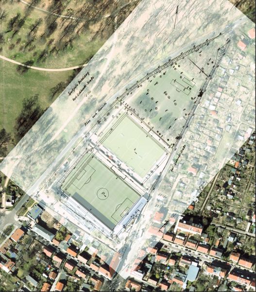 Montage mit Lageplan 1951 und Luftbild 2023